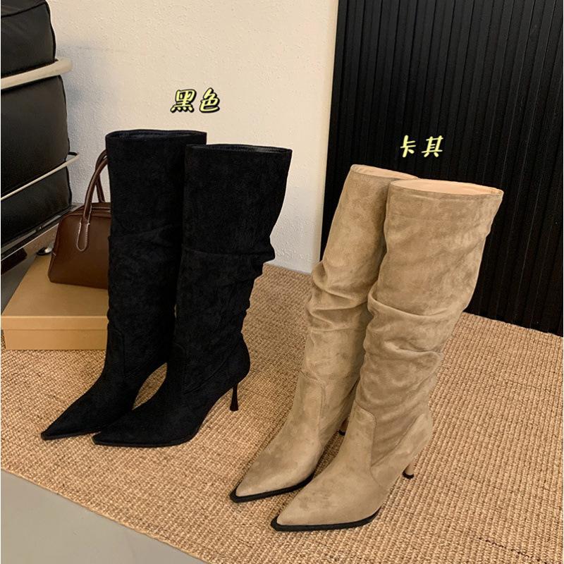 Sexy pointed suede pleated piled boots women's high heel fashion belt buckle tall thin boots thin heel European and American boots