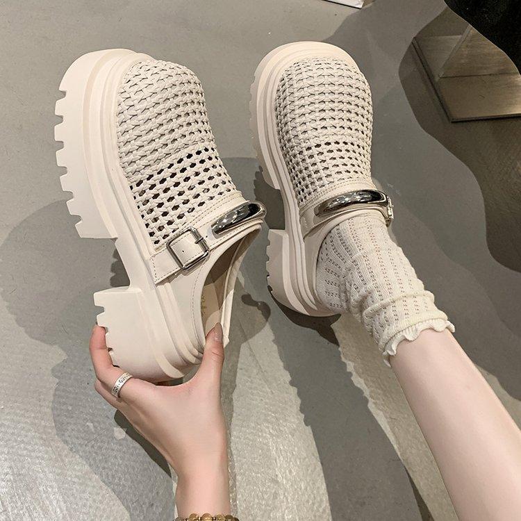 

[youshilai] Foreign style big head woven hollow bag head half slippers summer out heightening loafers women 40