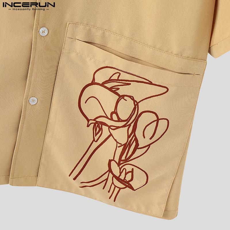 INCERUN Oversized Men Lapel Neck Short Sleeve Buttons Print Casual Shirts