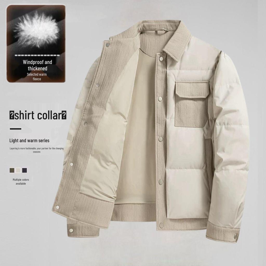 Men's Lightweight Warm Lapel Down Jacket, Winter 2025 White Duck Down Shirt Outerwear
