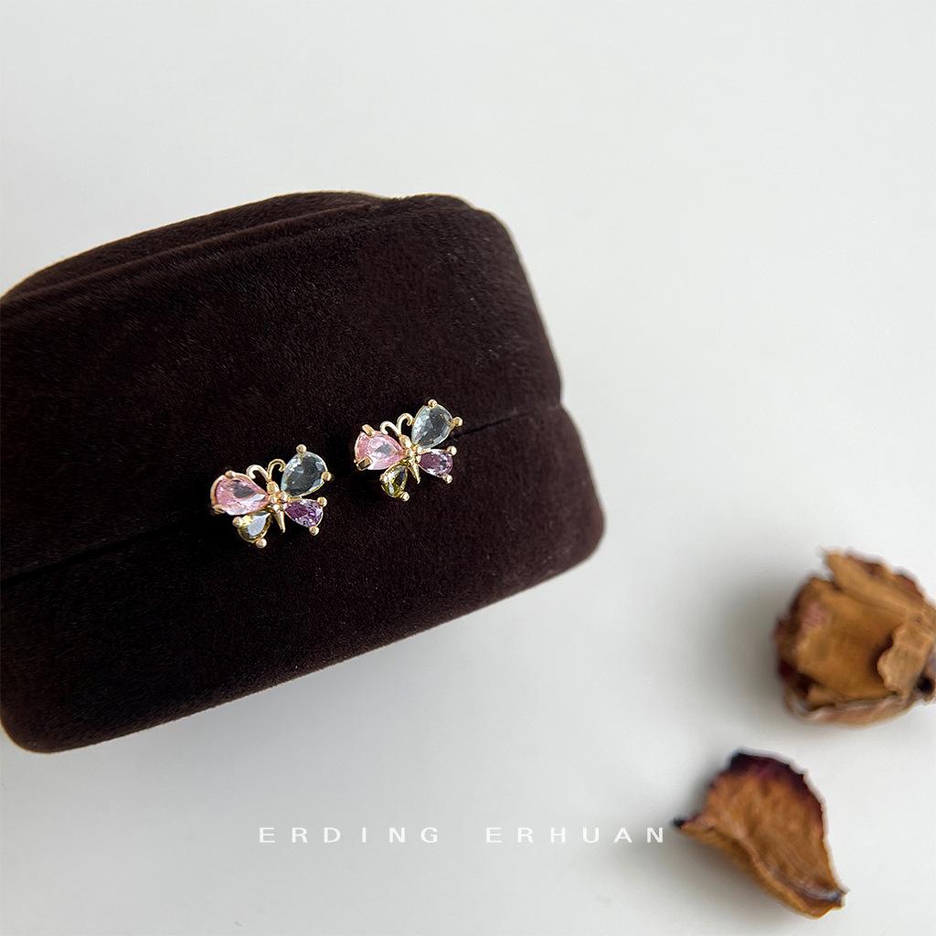 Mini version of micro-inlaid zircon color butterfly stud earrings simple, sweet and fresh earrings Yiwu jewelry