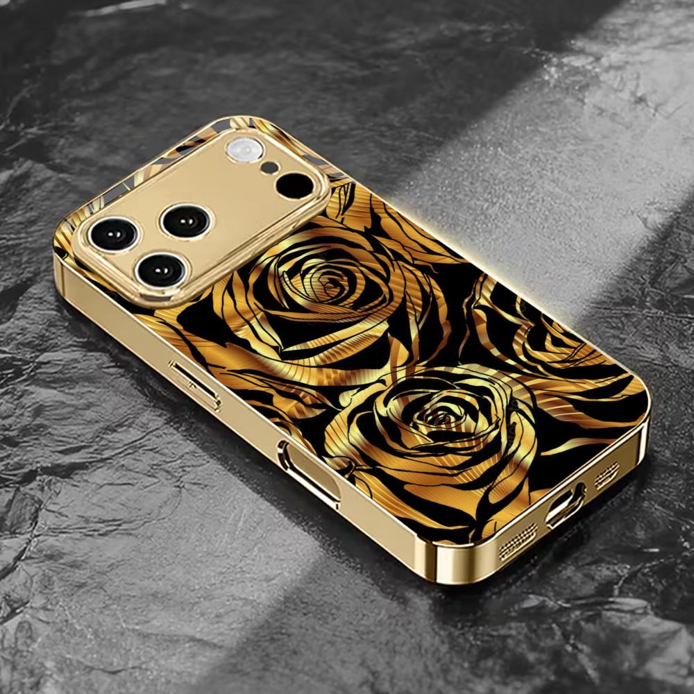 Luxury Black & Gold Rose mobile phones Glass phone case for iphone 17 pro max cover for iPhone 17 16 15 14 13 12 11pm Pro Plus