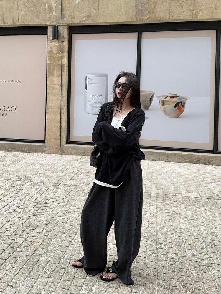 Superniniyy Wrinkled Texture Drawstring Wide-Leg Casual Pants for Women