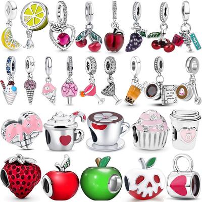 925 Copper Strawberry Apple Cherry Fruits Ice Cream Coffee Cup Pendant Sweet Beads Fit Original Pantaro Charms Bracelet Zircon