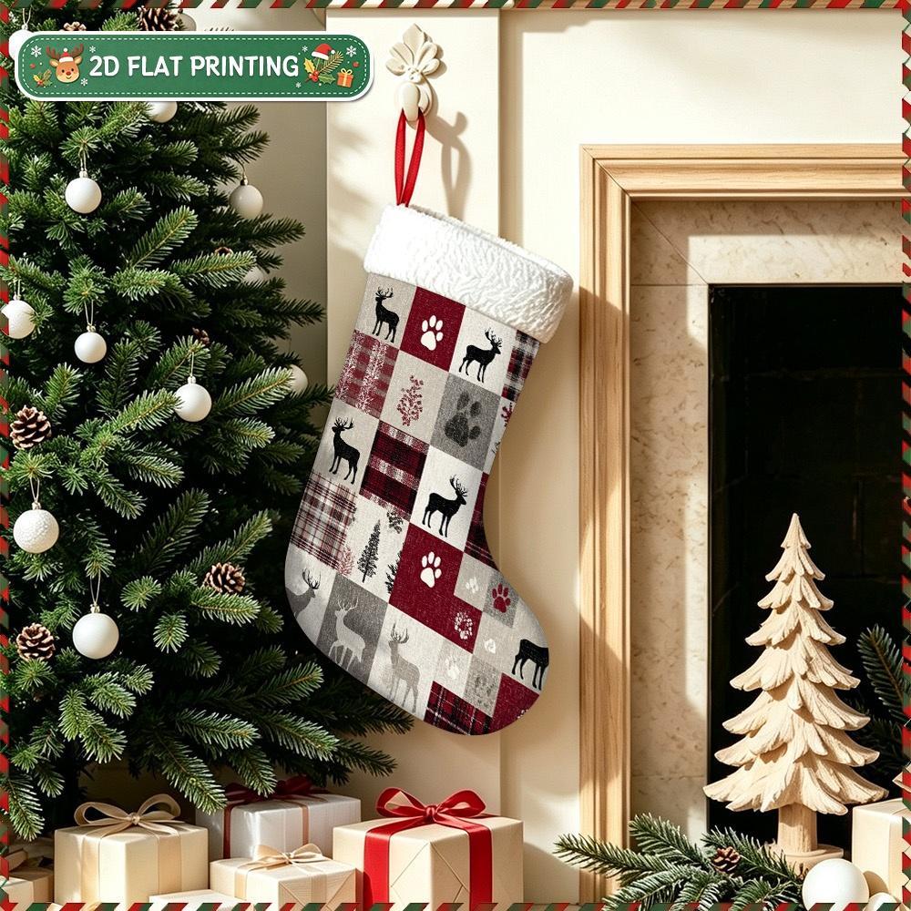 Christmas decoration fireplace hanging stocking1pc 2D Flat Christmas Rustic Stag Plaid Tree Print Christmas St
