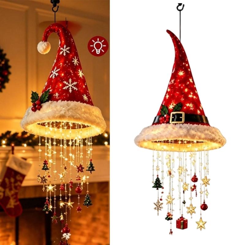 Santa Hat Chandelier Red-White Christmas Hanging Decoration, Tiered Santa Hat Figure Set for Holiday Parties and Indoor Home Displays