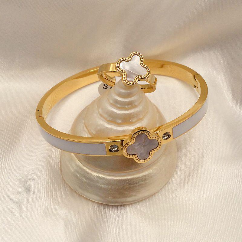 Four-Leaf Clover Bracelet & Ring Set: Titanium Steel, Oil Drip Diamond, Available In Black, White, Red, & Green