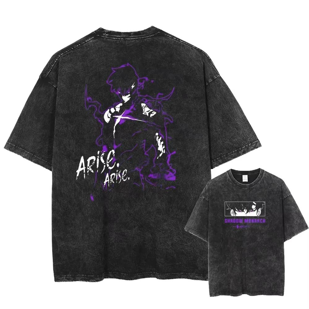 Anime Solo Leveling Sung Jin Woo Printed Washed T-shirt Men Casual Cotton TShirts Manga Vintage T Shirt  Tops