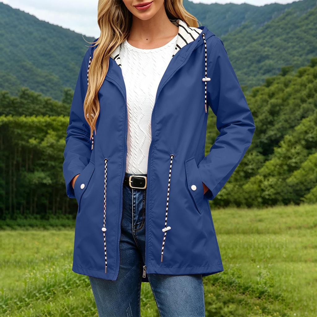 Women's Casual Hooded Trench Coat with Striped and Pockets