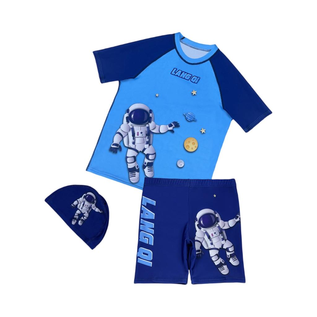 Boys Summer Three-Piece Swimsuit Set Short Sleeve Rash Guard Swim Shirt Swim Shorts Swim Cap Astronaut Print Sun Protection Swimwear