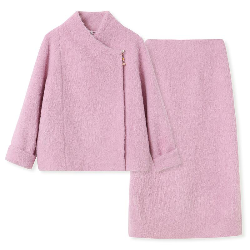 Winter temperament thickened warm wool pulling coat high-end long-sleeved woolen jacket skirt set NY116