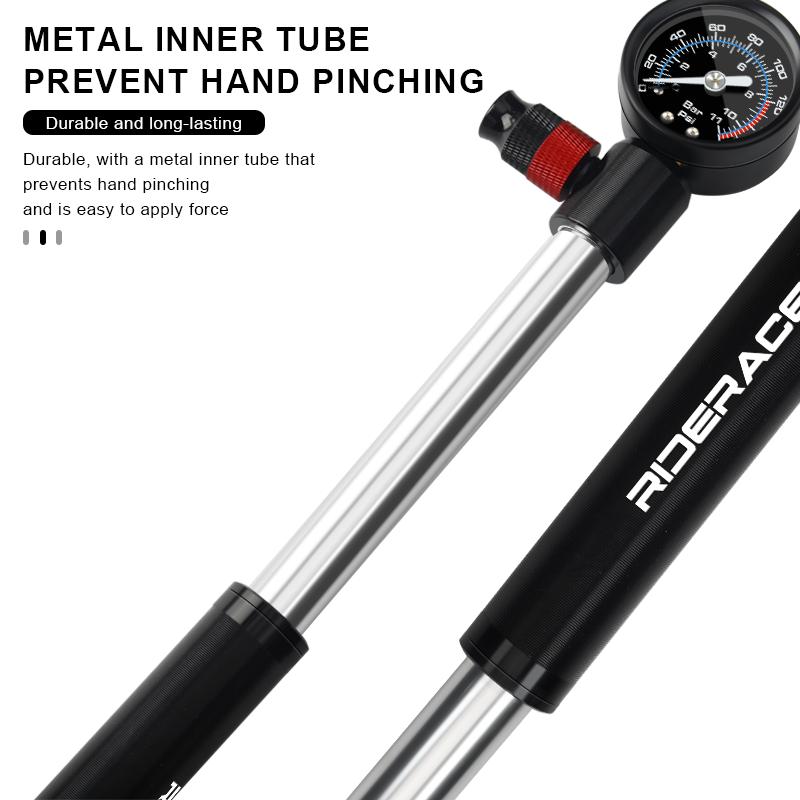RIDERACE Bicycle Pump With Gauge Portable Aluminum Alloy Hand Tire Air Inflator Bike Air Shock Pump AV FV Presta Schrader Valve