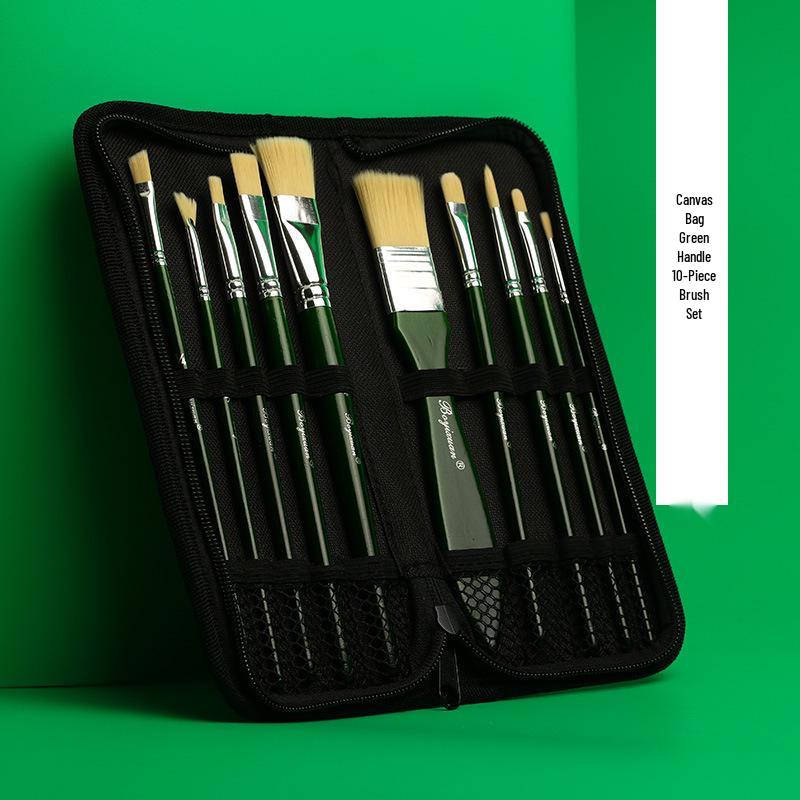 10-Piece Portable Nylon Bristle Brush Set for Watercolor, Acrylic, Oil Painting & Canvas
