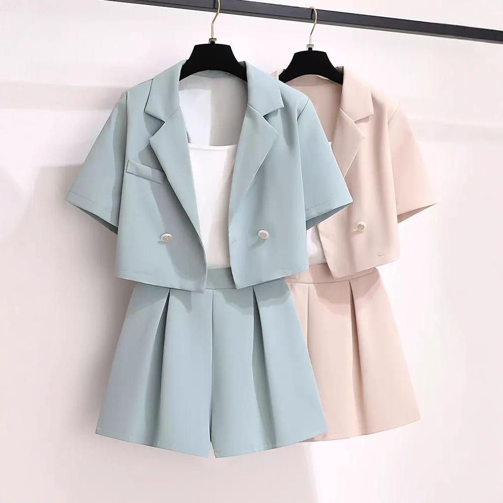 Modny Garnitur Xiaoxiangfeng Damski Letni Wysokiej Klasy Mały Strój Dwuczęściowy Krótki Rękaw Szorty Zestaw