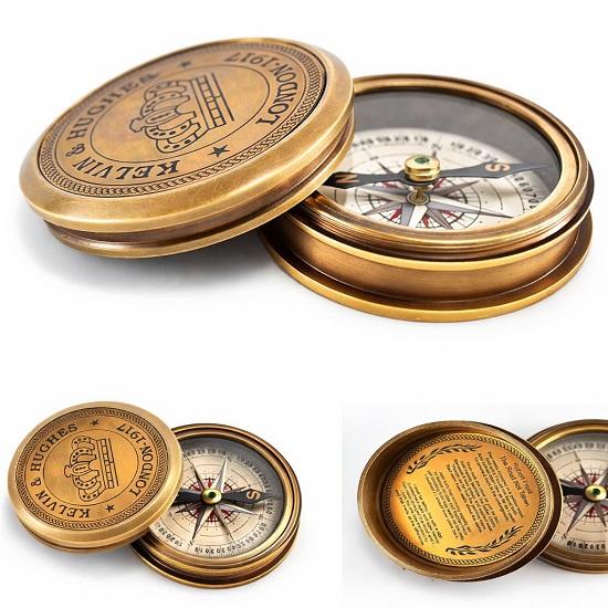 

Brass Pocket Compass with Robert The Road Not Taken Engraved Inside The Cover and Kelvin Hughes London 1917 on top, 5 cm, Style Navigation