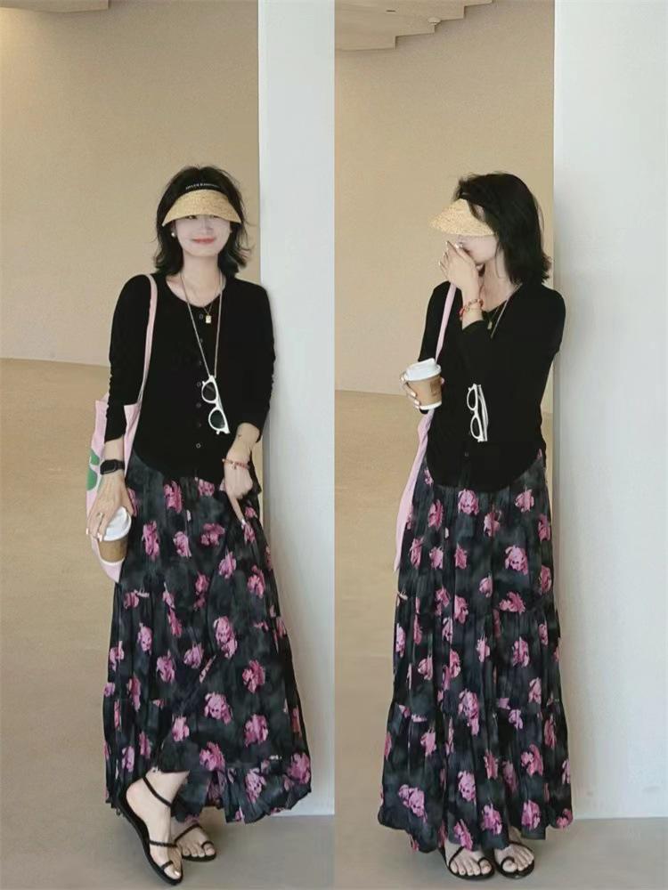 

2024 Французская ретро-цветочная плиссированная макси-шифоновая юбка с высокой талией One Size