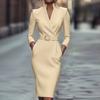 Women’s Elegant Long Sleeve V Neck Belted Midi Dress Office Business Bodycon Fitted Formal with Pockets
