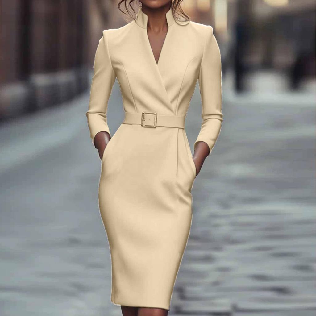 Women’s Elegant Long Sleeve V Neck Belted Midi Dress Office Business Bodycon Fitted Formal with Pockets