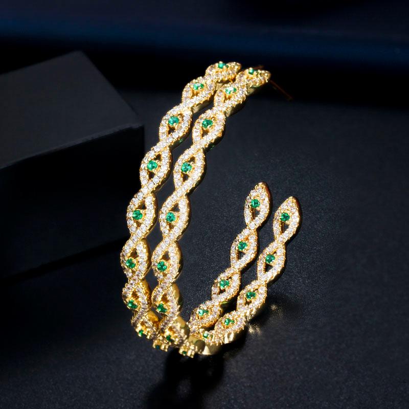 WWJ Glitter Green Zircon Circle Hoop Earrings Golden Color Jewelry