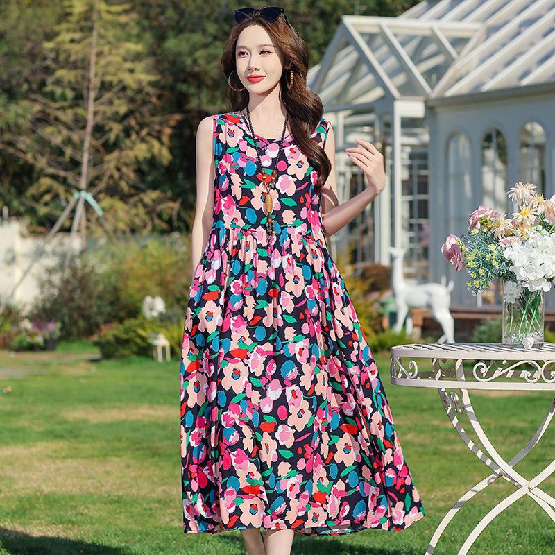 Elegant Plus Size Floral Cotton-Silk Sleeveless Summer Dress
