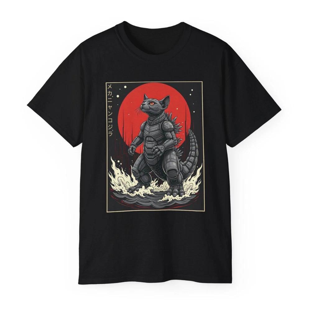 

100% cotton TOPS UNISEX TEES MENS WOMENS Catzilla Monster Tee Cute Kitty Kaiju Shirt Retro Cat Graphic Top Adorable Cat M чёрный