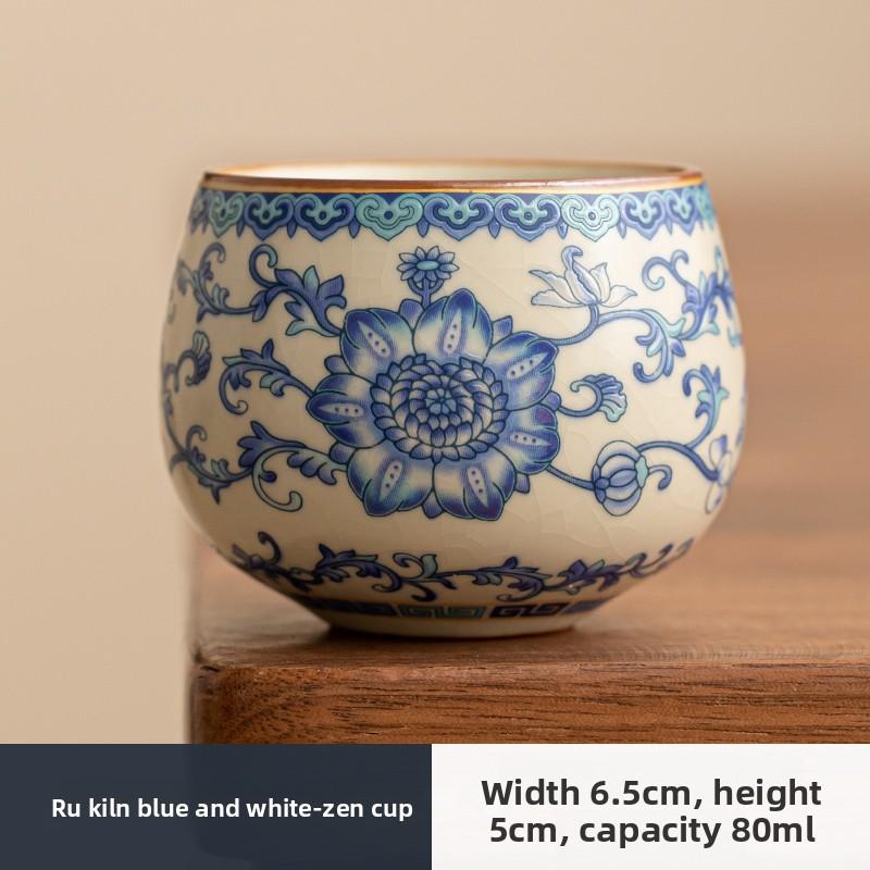Ru Kiln Blue and White Pu'er Cup Teacup Single Ceramic Master Cup Personal Special Simple Tea Tasting Cup Kung Fu Tea Set