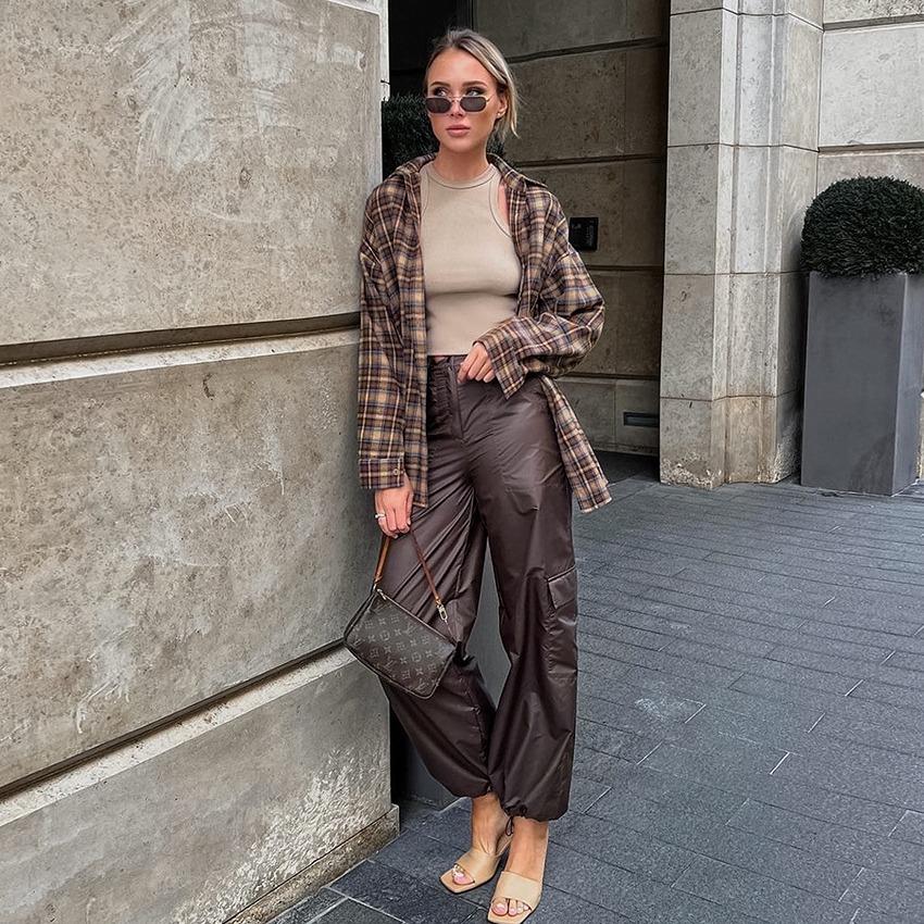 Brune Rutete Bluser Dame Streetwear Langermet Løse Skjorter Casual Nedslått Krage Kontordame Rutete Topper
