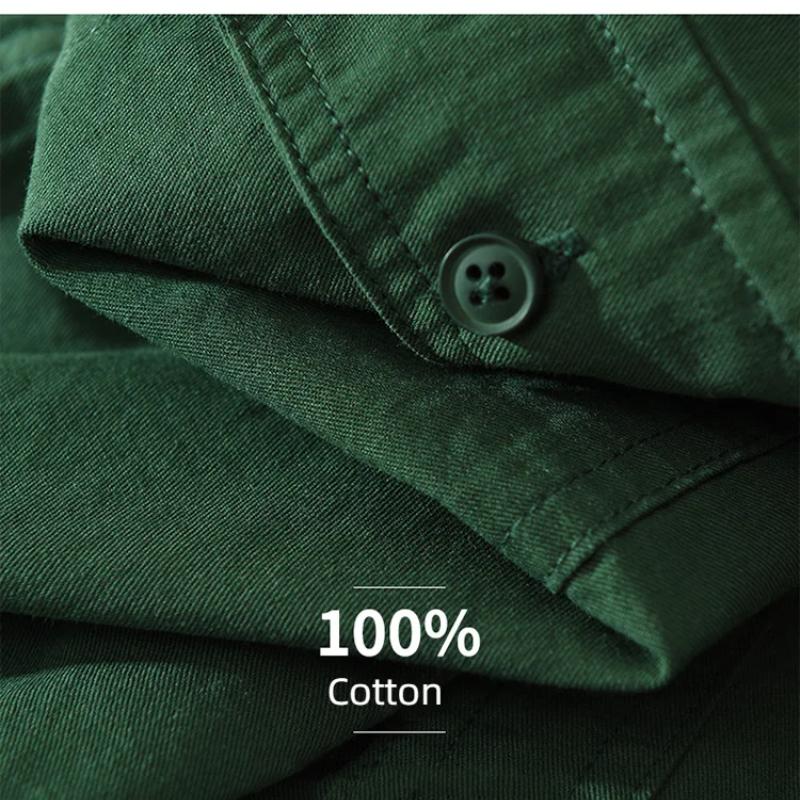 Camisas Cargo Estilo Japonês para Homens Camisa de Verão de Manga Curta 100% Algodão Puro Casual Solta Tops Masculinos Nova Moda Camisa de Bolso Duplo Juventude