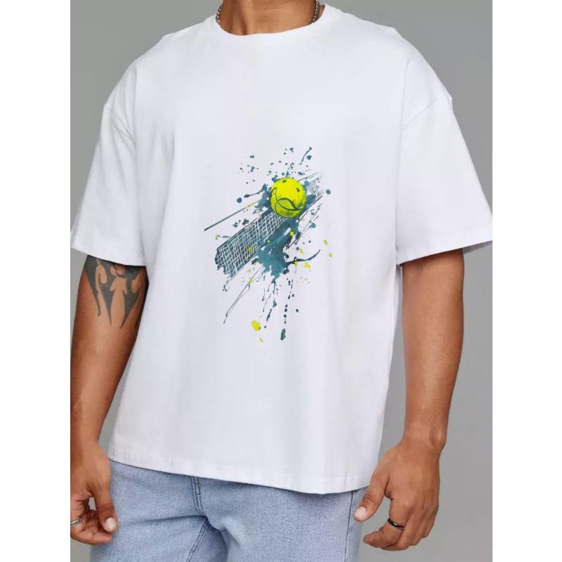 Tennis T Shirt White Tennis Ball and Racket Splash Design for Sports and Casual Wear