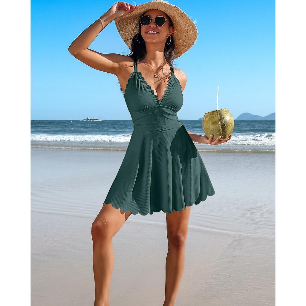 CHARMLEAKS Jednoczęściowy kostium kąpielowy żebrowany dla kobiet, falbaniasty, modelujący brzuch, z dekoltem w serek, marszczony kostium kąpielowy ze spódniczką