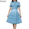 ZANZEA Women Summer Stand Collar Casual Short Sleeve Print Dress