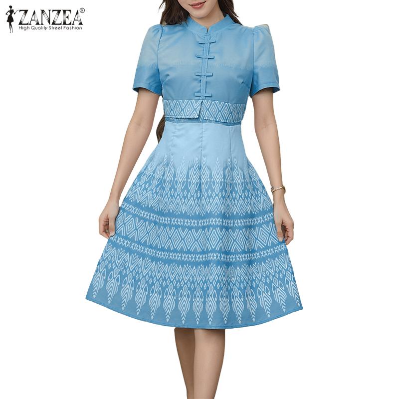 ZANZEA Women Summer Stand Collar Casual Short Sleeve Print Dress