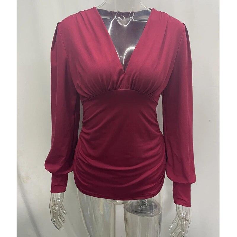 Tiefem V-Ausschnitt Langarm Freizeithemd Mode Slim Fit Sexy Frauen Blusen Herbst Einfache Damen Solide Plissee Tops 30470