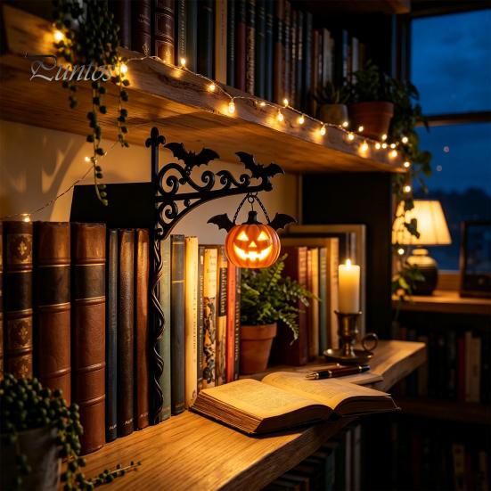 Bat Shaped Decorations Library Lantern, Mini Decorative Bookshelf Lamp, Spooky Pumpkin Ghost Hat Reading Nook Atmosphere Lights for Study LED