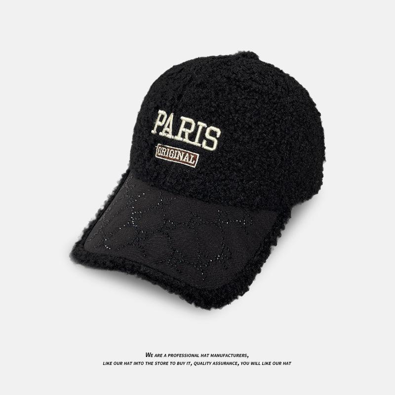 Autumn and Winter Lamb Wool Baseball Cap for Women Korean Version Versatile Letter Hot Diamond Embroidered Peaked Cap Warm Couple Hat