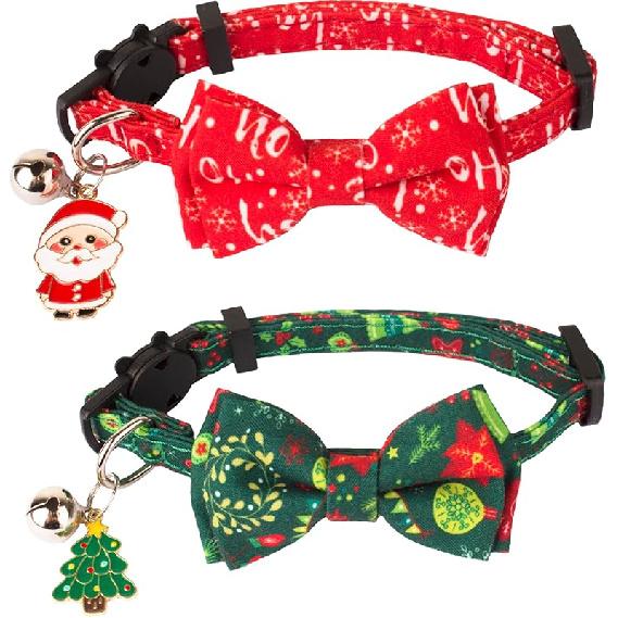 ADOGGYGO Christmas Cat Collar with Bowtie Bell - 2 Pack Red Green Cat Christmas Bowtie Collars 7.5 - 10.5