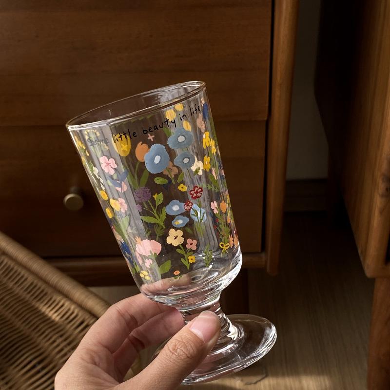 Retro French Romantic Goblet, Spring Flower Glass Dessert Cup, Niche Simple Milk Cup, High Temperature Resistance