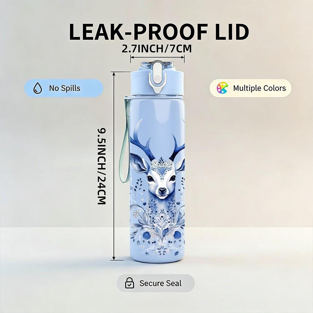 1PC Winter Snow Deer Stag Pattern 750ml Color Plastic Sports Water Bottle Leakproof Flip Straw Lid Suitable for Sports Office Home Use