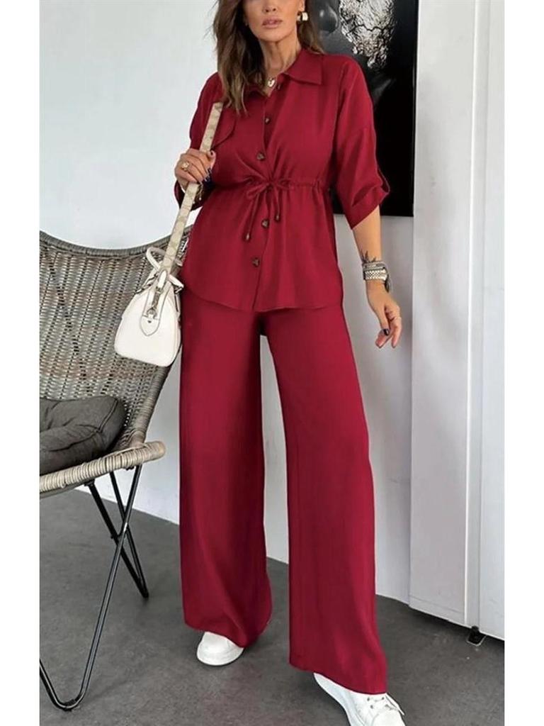 2025 Women's Autumn Casual Set: Solid Color Drawstring Top & Wide-Leg Pants