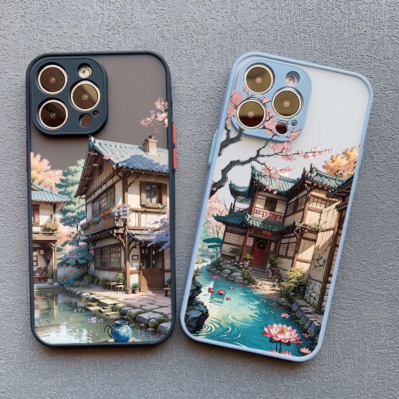 Vintage Oil Painting House Phone Case For iPhone 16 15 7 8 Plus SE2 XR XS X 11 13 12 Pro MAX Mini 14 Pro Max Flower Cover