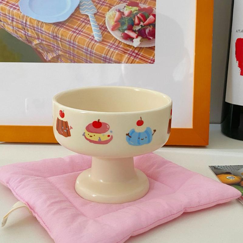 Korean Style Tall-Stem Matte Ceramic Dessert Bowl - Cute Cartoon Design for Ice Cream & Yogurt