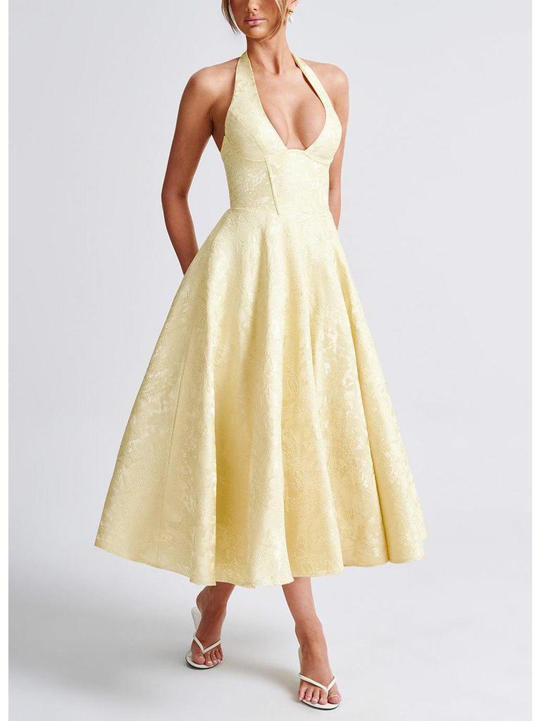 2026 Women's Exquisite Jacquard Halter Deep V High Waist A-line Dress