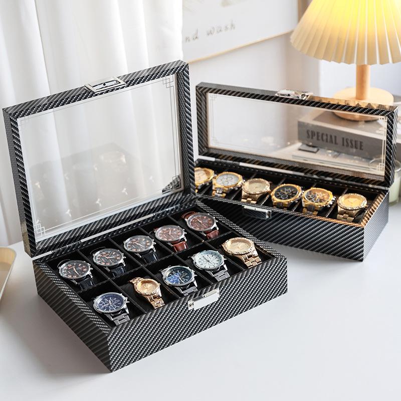 Large Capacity Carbon Fiber Watch Display Box with Transparent Skylight