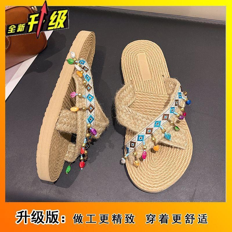 Fashion and versatile comfortable flat-bottomed non-slip slippers 2025 summer new tassel cross-strap women's slippers women's wear