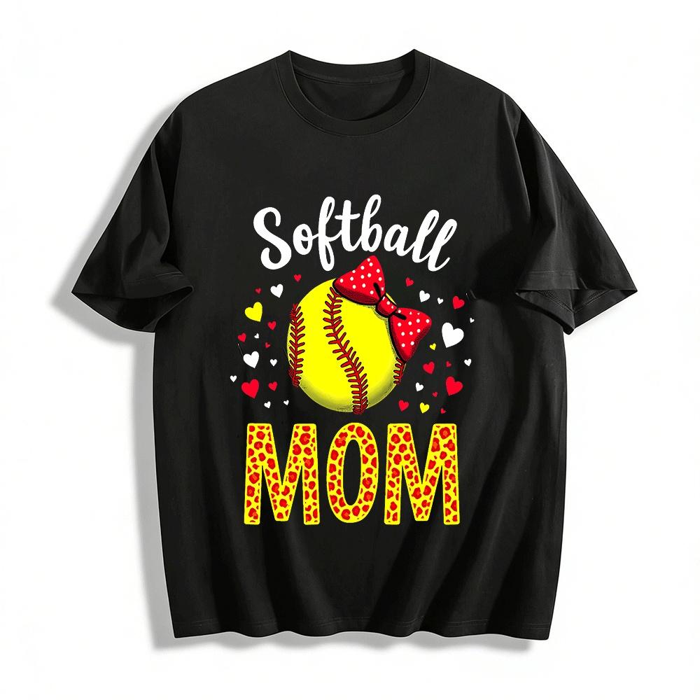 Softball Mom Leopard Print Bow Heart Graphic Casual Tee Pure cotton T-shirt XXS