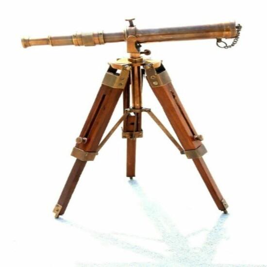 Brass Telescope With Wooden Tripod Stand Maritime Nautical Vintage Desk Décor
