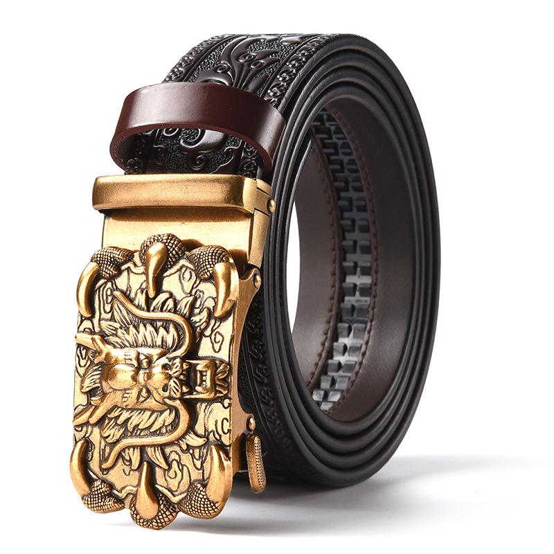 Men's Retro Dragon Head Genuine Leather Belt with Carved Embossed Design