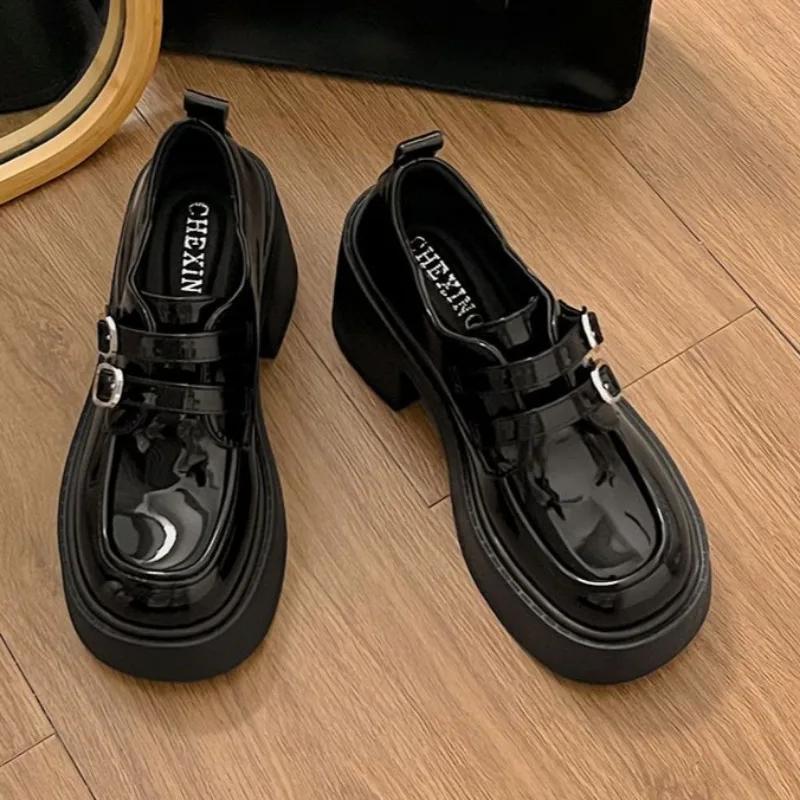 Fashion Women's Thick Heel Shoes Spring New Round Head Deep Mouth Metal Buckle Thick Sole Anti-slip Wear-resistant High Heels