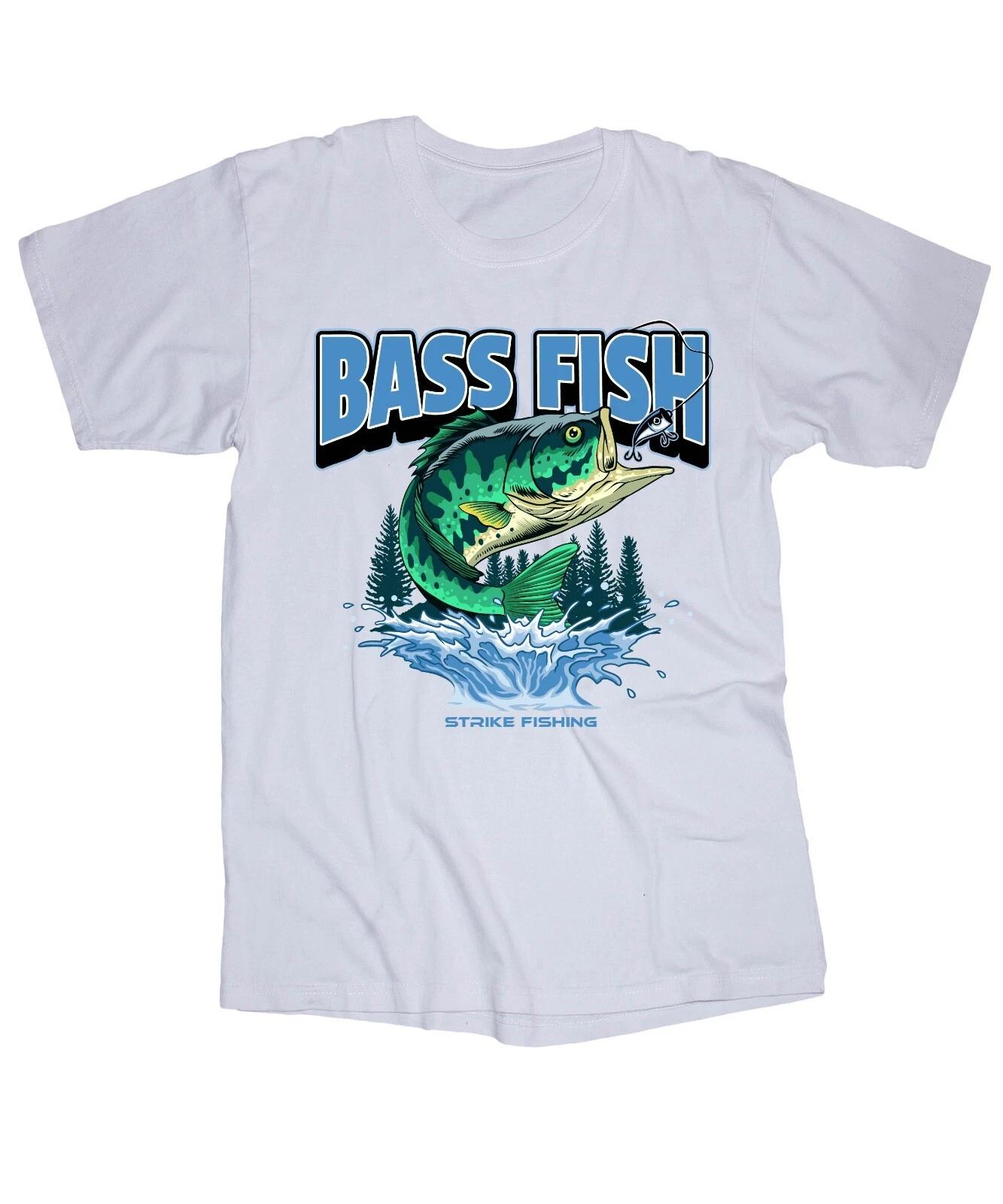 

STRIKE FISHING BASS Fish white T-shirt Boating Lake Outdoors Lures Fisherman Rod L