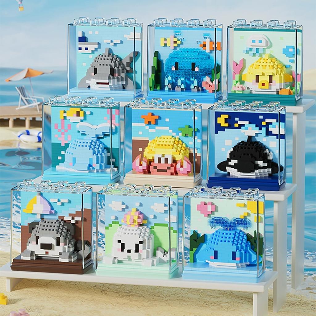Marine Animals Dolphin Orca Jellyfish Shark Sea Lion Otter Hermit Crab Construction Blocks Kit Blocks Model Plaything